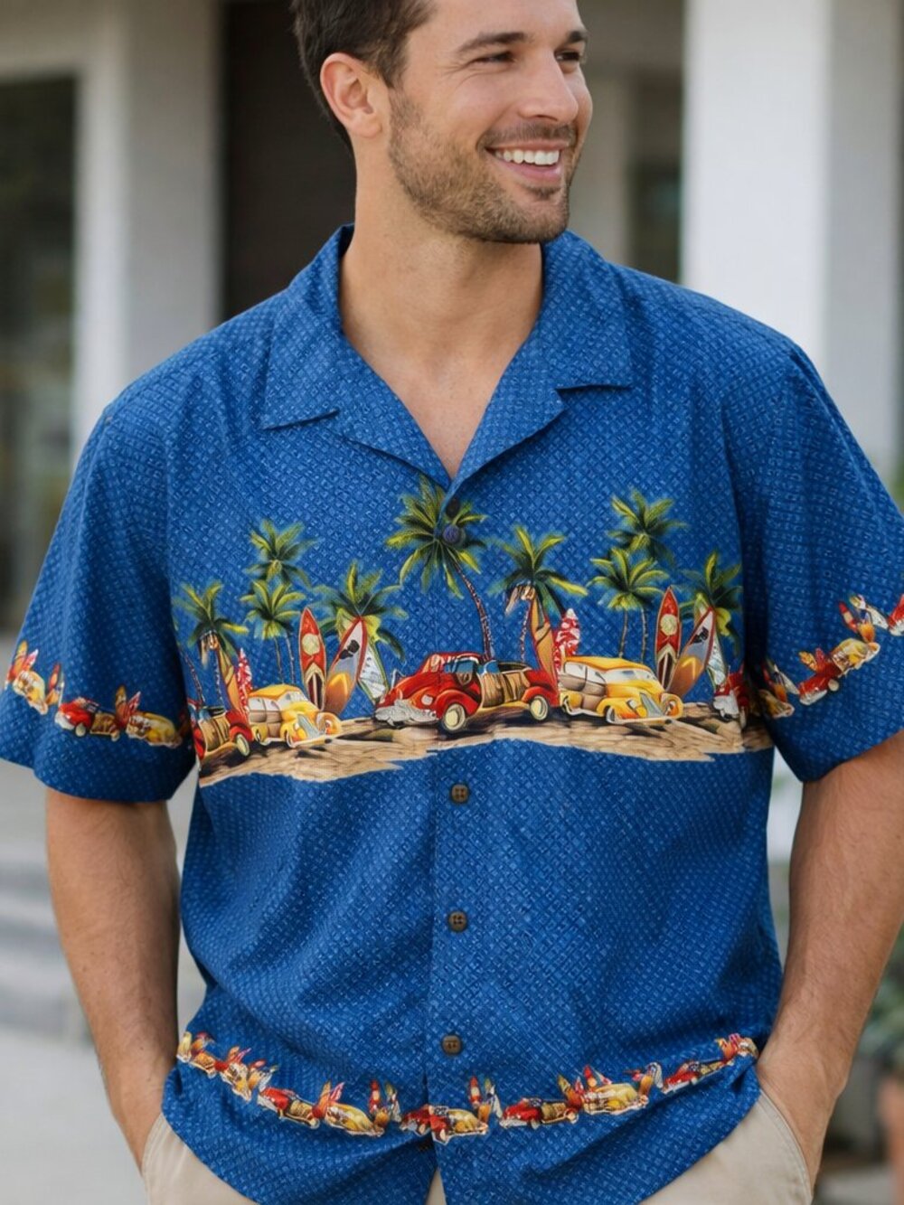Palmwave Blue Hawaiian Camp Shirt Surf Palm Print XL NWT Aloha Resort